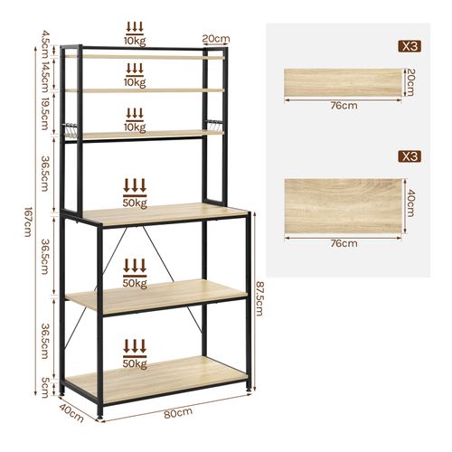 Étagère Cuisine, 6 Étagères De Rangement, 6 Crochets, 80x39,5x167cm, Chêne Clair+noir