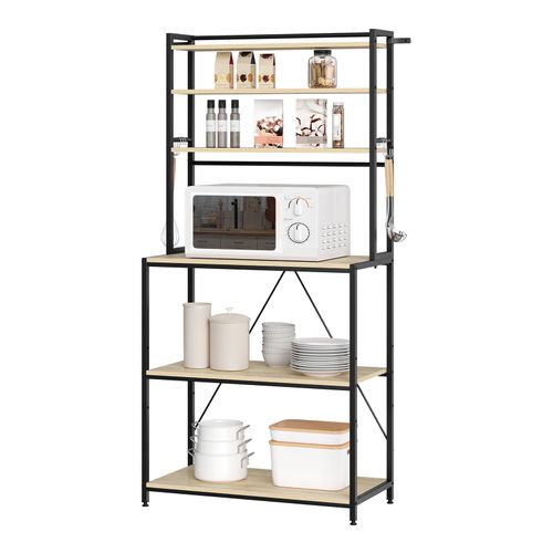 Étagère Cuisine, 6 Étagères De Rangement, 6 Crochets, 80x39,5x167cm, Chêne Clair+noir