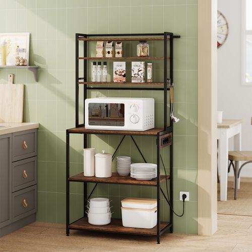 Étagère Cuisine Avec Multiprise,avec Étagère Réglable,6 Crochets,noir+marron Rustique,80x39,5x167cm