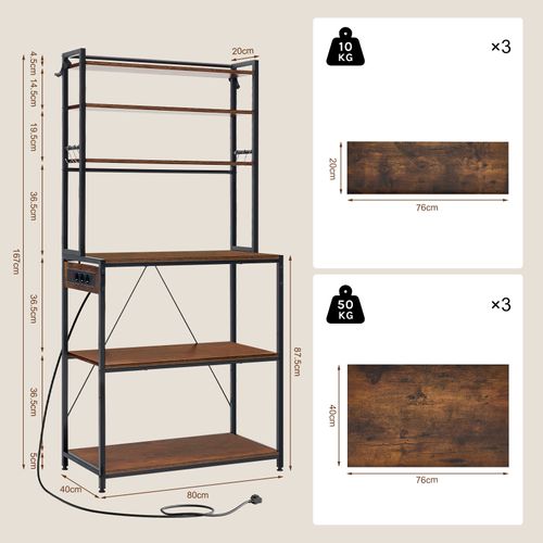 Étagère Cuisine Avec Multiprise,avec Étagère Réglable,6 Crochets,noir+marron Rustique,80x39,5x167cm
