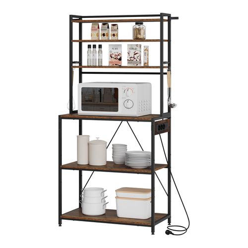 Étagère Cuisine Avec Multiprise,avec Étagère Réglable,6 Crochets,noir+marron Rustique,80x39,5x167cm