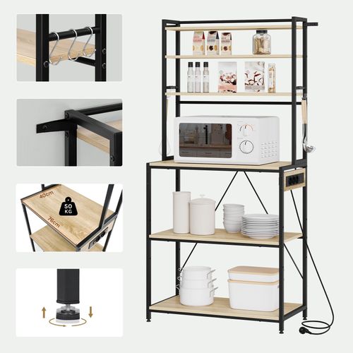 Étagère Cuisine Avec Multiprise,avec Étagère Réglable,6 Crochets,noir+chêne Clair,80x39,5x167cm