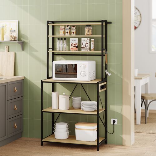 Étagère Cuisine Avec Multiprise,avec Étagère Réglable,6 Crochets,noir+chêne Clair,80x39,5x167cm