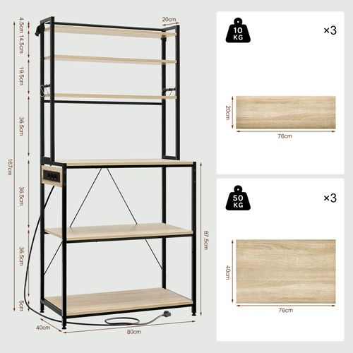 Étagère Cuisine Avec Multiprise,avec Étagère Réglable,6 Crochets,noir+chêne Clair,80x39,5x167cm