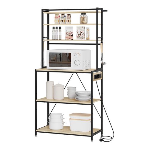 Étagère Cuisine Avec Multiprise,avec Étagère Réglable,6 Crochets,noir+chêne Clair,80x39,5x167cm