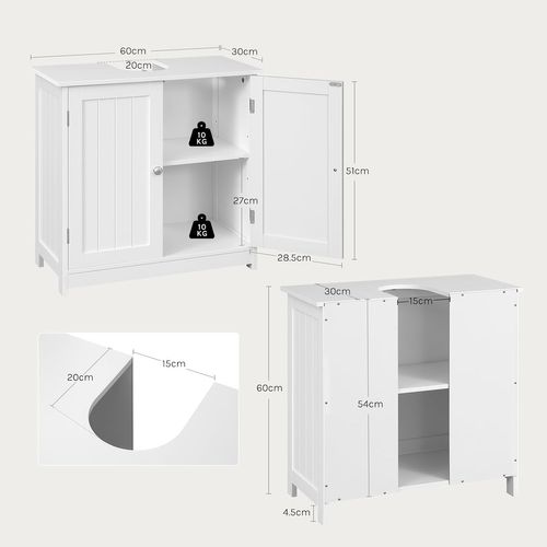 Meuble Sous Lavabo,armoire Wc Rangement Sur Pieds Avec 2 Portes+étagère Réglable,blanc,60x30x60cm