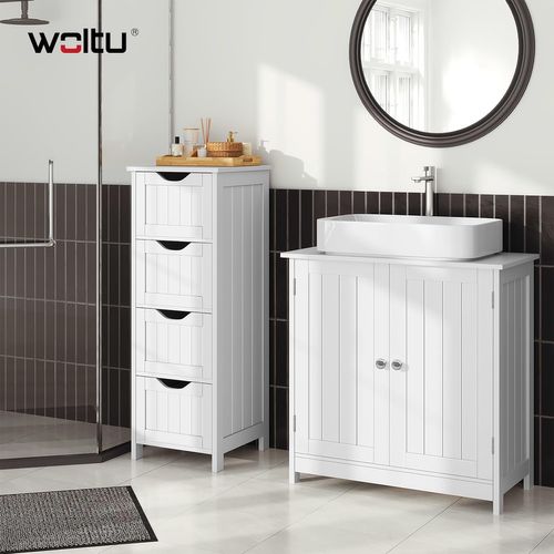 Meuble Sous Lavabo,armoire Wc Rangement Sur Pieds Avec 2 Portes+étagère Réglable,blanc,60x30x60cm