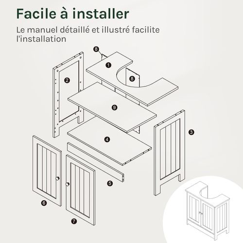 Meuble Sous Lavabo,armoire Wc Rangement Sur Pieds Avec 2 Portes+étagère Réglable,blanc,60x30x60cm
