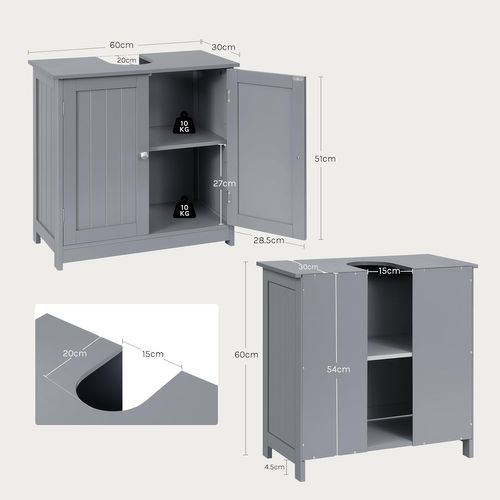 Meuble Sous Lavabo, Armoire WC Rangement Sur Pieds Avec Étagère Réglable, Gris Clair, 60x30x60cm