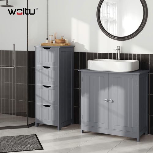 Meuble Sous Lavabo, Armoire WC Rangement Sur Pieds Avec Étagère Réglable, Gris Clair, 60x30x60cm