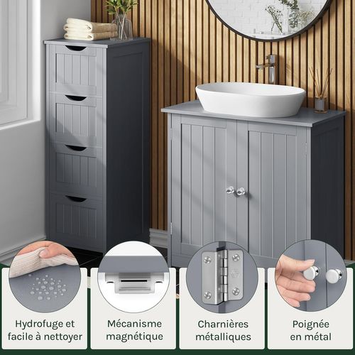 Meuble Sous Lavabo, Armoire WC Rangement Sur Pieds Avec Étagère Réglable, Gris Clair, 60x30x60cm