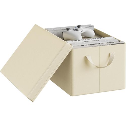 Boîte De Rangement Avec Couvercle Amovible,pliable,en Tissu Non Tissé,avec Poignée,crème,38x27x20cm