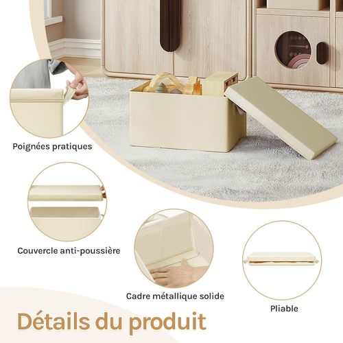 Boîte De Rangement Avec Couvercle Amovible,pliable,coffre En Tissu,avec Poignée,crème,48x36x30cm