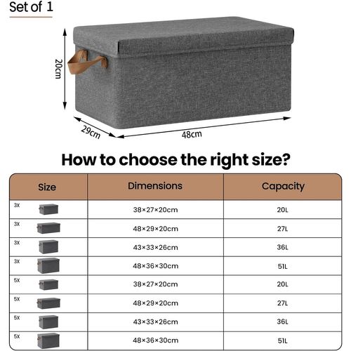 Boîte De Rangement Avec Couvercle Amovible,pliable,coffre En Tissu,avec Poignée,gris,48x29x20cm