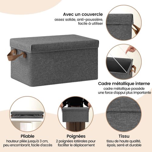 Boîte De Rangement Avec Couvercle Amovible,pliable,coffre En Tissu,avec Poignée,gris,48x29x20cm