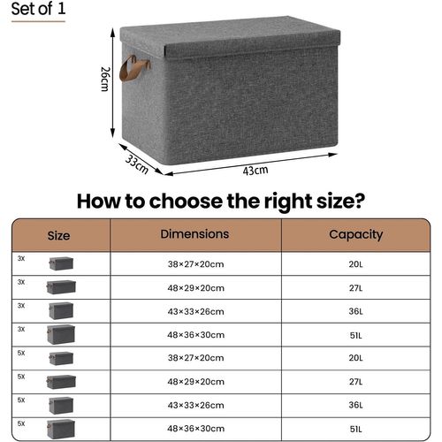 Boîte De Rangement Avec Couvercle Amovible,pliable,coffre En Tissu,avec Poignée,gris,43x33x26cm