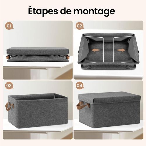 Boîte De Rangement Avec Couvercle Amovible,pliable,coffre En Tissu,avec Poignée,gris,43x33x26cm