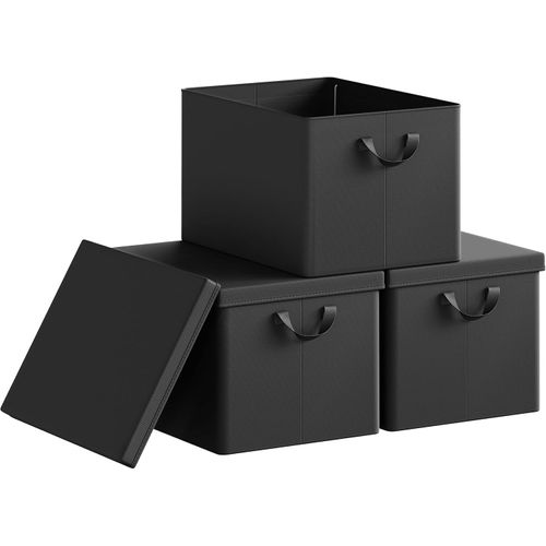 Lot De 3 Boîte De Rangement Avec Couvercle Amovible,pliable,en Tissu,avec Poignée,noir,48x36x30cm