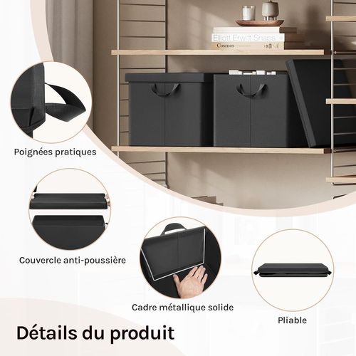 Lot De 3 Boîte De Rangement Avec Couvercle Amovible,pliable,en Tissu,avec Poignée,noir,48x36x30cm