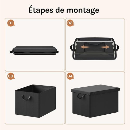 Lot De 3 Boîte De Rangement Avec Couvercle Amovible,pliable,en Tissu,avec Poignée,noir,48x36x30cm