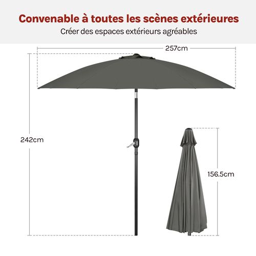 Parasol Jardin Rond Ø 257cm, Inclinable, Avec 18 Baleines En Fibre De Verre, Gris Foncé