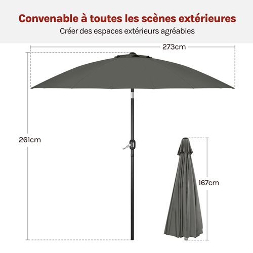 Parasol Jardin Rond Ø 273cm, Inclinable, Avec 18 Baleines En Fibre De Verre, Gris Foncé