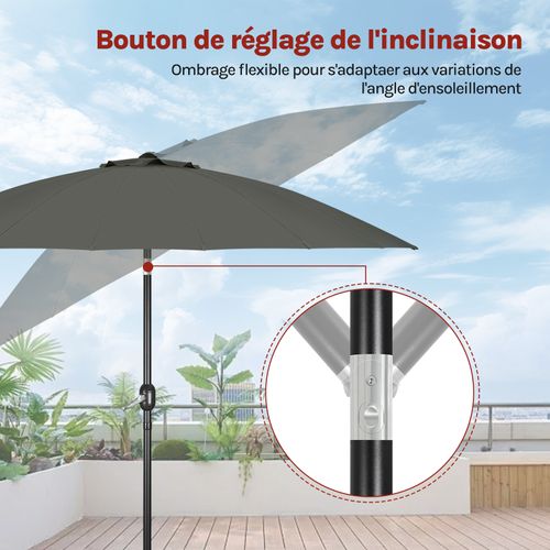 Parasol Jardin Rond Ø 273cm, Inclinable, Avec 18 Baleines En Fibre De Verre, Gris Foncé