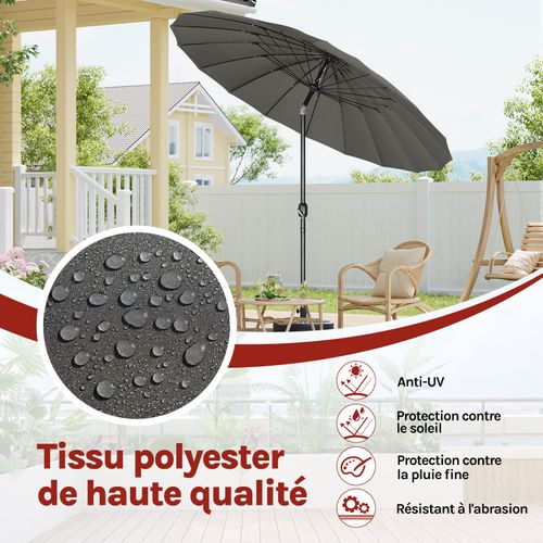 Parasol Jardin Rond Ø 273cm, Inclinable, Avec 18 Baleines En Fibre De Verre, Gris Foncé