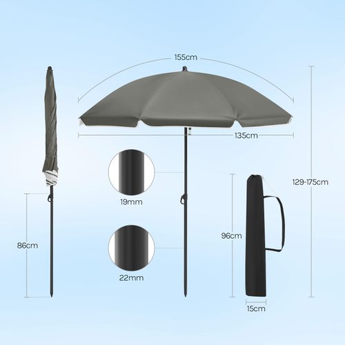Parasol Jardin Ø135cm, Imperméable En Tissu Anti-uv à Upf 50+, Inclinable, Gris Foncé