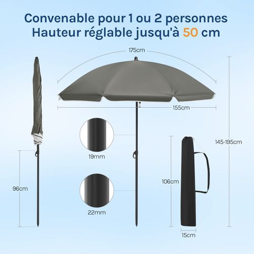 Parasol Jardin Ø155cm, Imperméable En Tissu Anti-UV à Upf 50+, Inclinable, Gris Foncé
