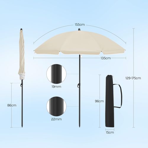 Parasol De Jardin Ø135cm, Imperméable En Tissu Anti-UV à UPF 50+, Inclinable, Beige