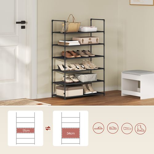 Étagère Chaussures, à 6 Niveaux, Rangement Chaussures, Étroit, Cadre En Métal, 61x28x106cm, Noir