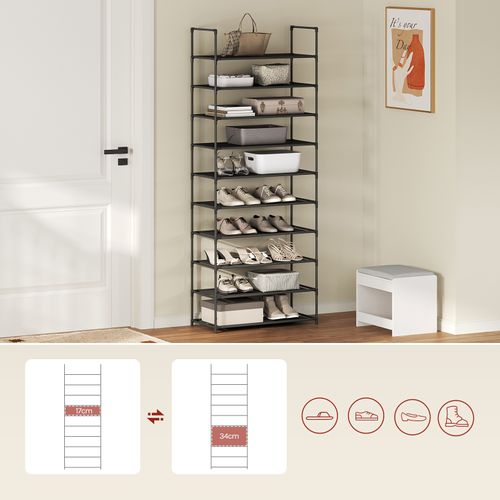 Étagère Chaussures, à 10 Niveaux, Rangement Chaussures, Étroit, Cadre En Métal, 61x28x174cm, Noir