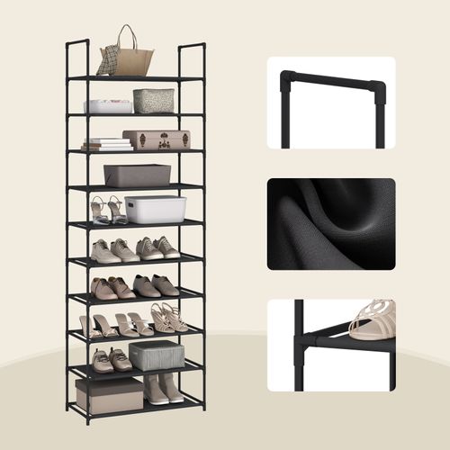 Étagère Chaussures, à 10 Niveaux, Rangement Chaussures, Étroit, Cadre En Métal, 61x28x174cm, Noir