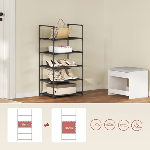 Étagère Chaussures, à 5 Niveaux, Rangement Chaussures, Étroit, Cadre En Métal, 41x28x89cm, Noir
