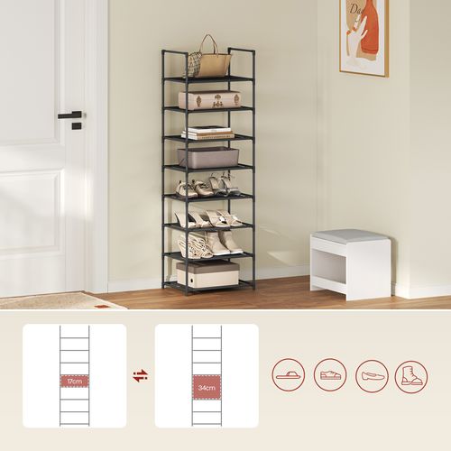 Étagère Chaussures, à 8 Niveaux, Rangement Chaussures, Étroit, Cadre En Métal, 41x28x140cm, Noir