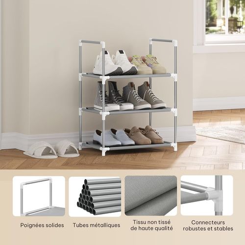 Étagère Chaussures, à 3 Niveaux, Rangement Chaussures, Étroit, Cadre En Métal, 41x28x55cm, Gris
