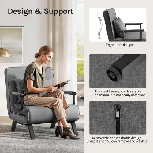 Canapé-lit 3 En 1,fauteuil Avec Dossier Réglable En 5 Positions,coussin Amovible,80x74x82cm,gris