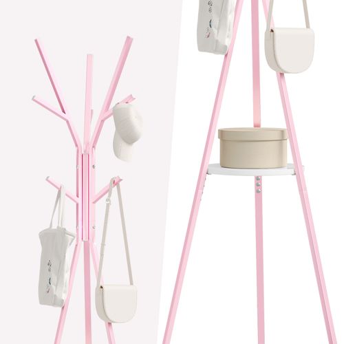 Portemanteau D'arbre Sur Pieds, Avec 9 Crochets Et 1 Plateau, Métal Et Bois Mdf, Rose Et Blanc