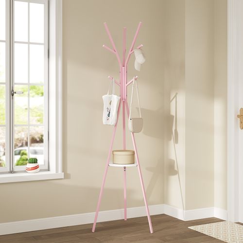 Portemanteau D'arbre Sur Pieds, Avec 9 Crochets Et 1 Plateau, Métal Et Bois Mdf, Rose Et Blanc