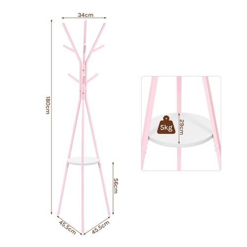 Portemanteau D'arbre Sur Pieds, Avec 9 Crochets Et 1 Plateau, Métal Et Bois Mdf, Rose Et Blanc