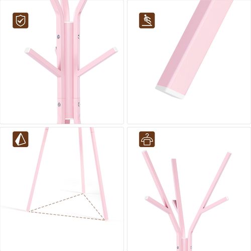 Portemanteau D'arbre Sur Pieds, Avec 9 Crochets Et 1 Plateau, Métal Et Bois Mdf, Rose Et Blanc