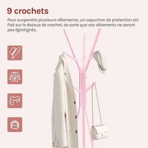 Portemanteau D'arbre Sur Pieds, Avec 9 Crochets Et 1 Plateau, Métal Et Bois Mdf, Rose Et Blanc