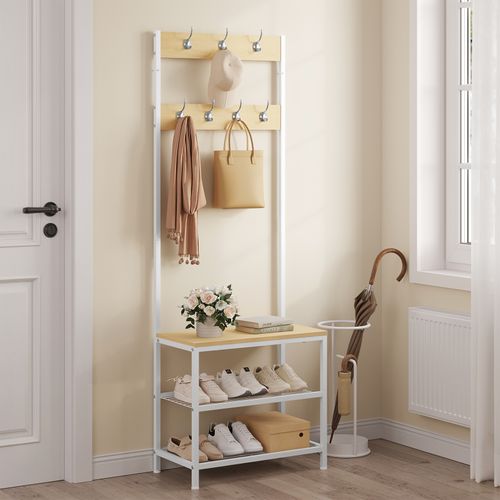 Porte-manteau Avec Banc Et Étagère à 2 Niveaux, 7 Crochets Doubles, Bois D'ingénierie, Chêne Clair