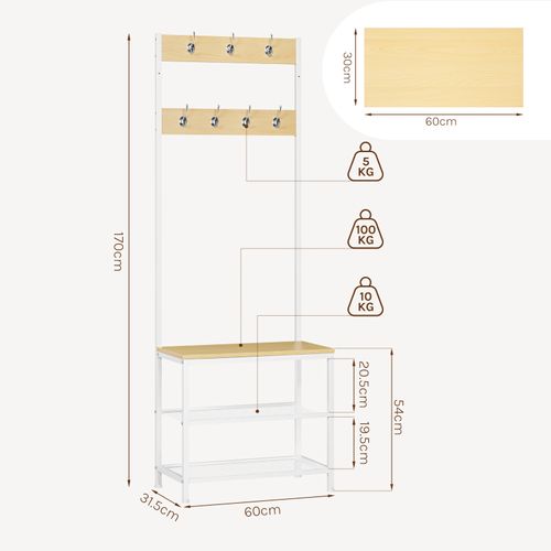 Porte-manteau Avec Banc Et Étagère à 2 Niveaux, 7 Crochets Doubles, Bois D'ingénierie, Chêne Clair