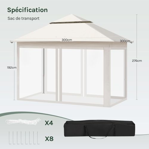 Tonnelle De Jardin 3x3m Pliante, Avec Moustiquaire Amovible, Imperméable, Sac Transport, Beige