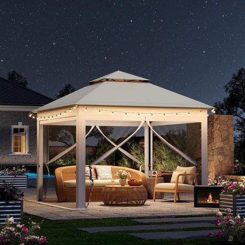 Tonnelle De Jardin 3x3m Pliante, Avec Moustiquaire Amovible, Imperméable, Sac Transport, Beige