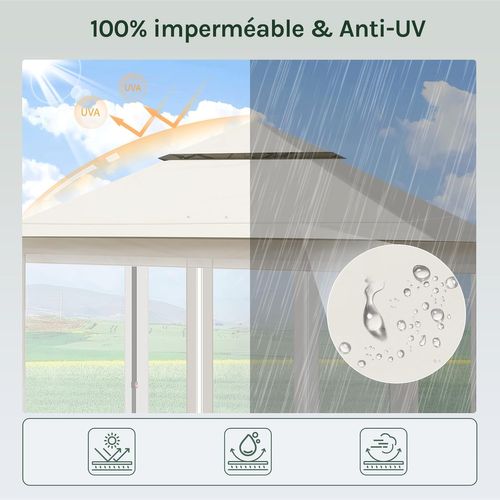 Tonnelle De Jardin 3x3m Pliante, Avec Moustiquaire Amovible, Imperméable, Sac Transport, Beige