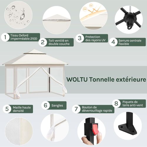 Tonnelle De Jardin 3x3m Pliante, Avec Moustiquaire Amovible, Imperméable, Sac Transport, Beige