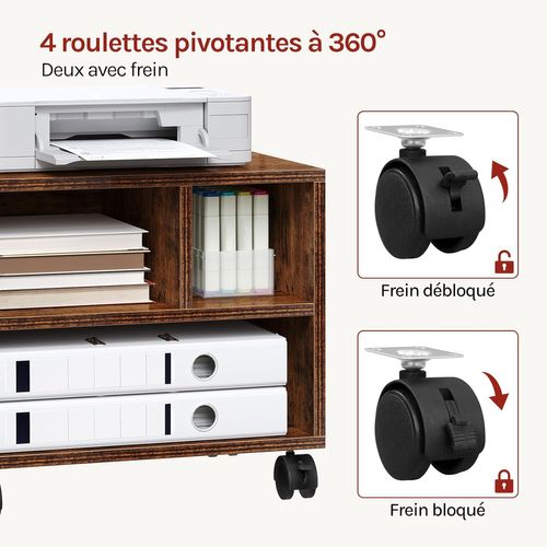 Caisson De Bureau Sur Roulettes, Meuble De Rangement Avec 3 Compartiments,40x30x35cm,Marron Rustique